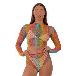 Lace by LJ rainbow fence net crop top and bottoms two piece set in colourful stretch mesh