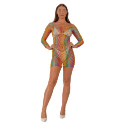 Lace by LJ rainbow long sleeved mini dress in sheer striped stretch lace