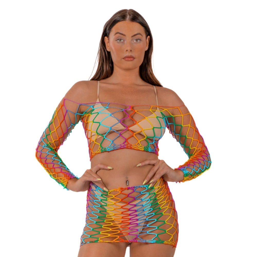 Lace by LJ sheer rainbow crop top and skirt set in vibrant stretch lace