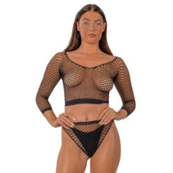 Lace by LJ fence net crop top and bottoms two piece set in black stretch mesh